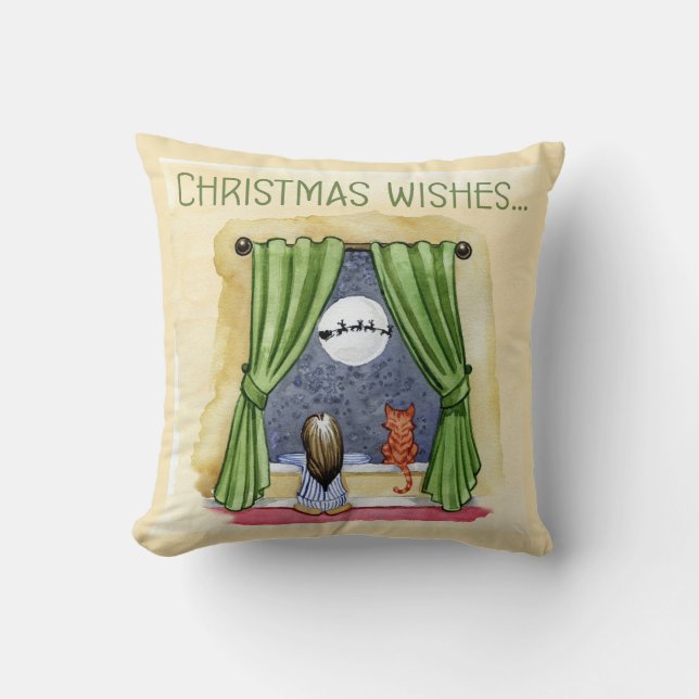 Christmas Wishes Cute Child & Kitty Cat Xmas Cushion (Front)