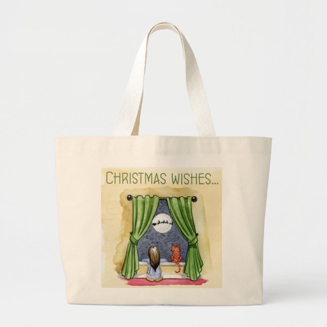 Christmas Wishes Cute Child & Kitty Cat Xmas Large Tote Bag (Front)