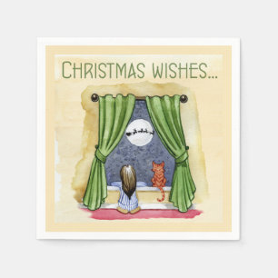 Christmas Wishes Cute Child & Kitty Cat Xmas Napkin