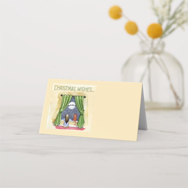 Christmas Wishes Cute Child & Kitty Cat Xmas Place Card (Front)