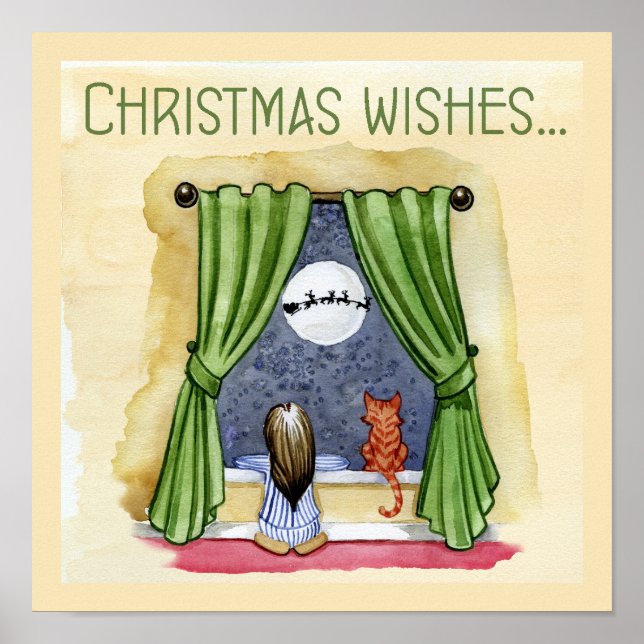 Christmas Wishes Cute Child & Kitty Cat Xmas Poster (Front)
