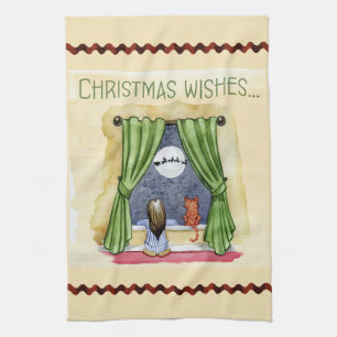 Christmas Wishes Cute Child & Kitty Cat Xmas Tea Towel