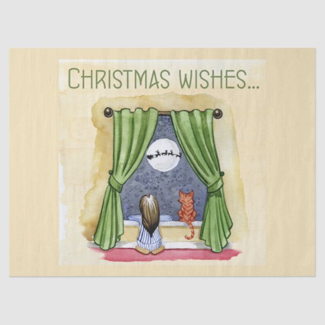 Christmas Wishes Cute Child & Kitty Cat Xmas Tissue Paper (Front)