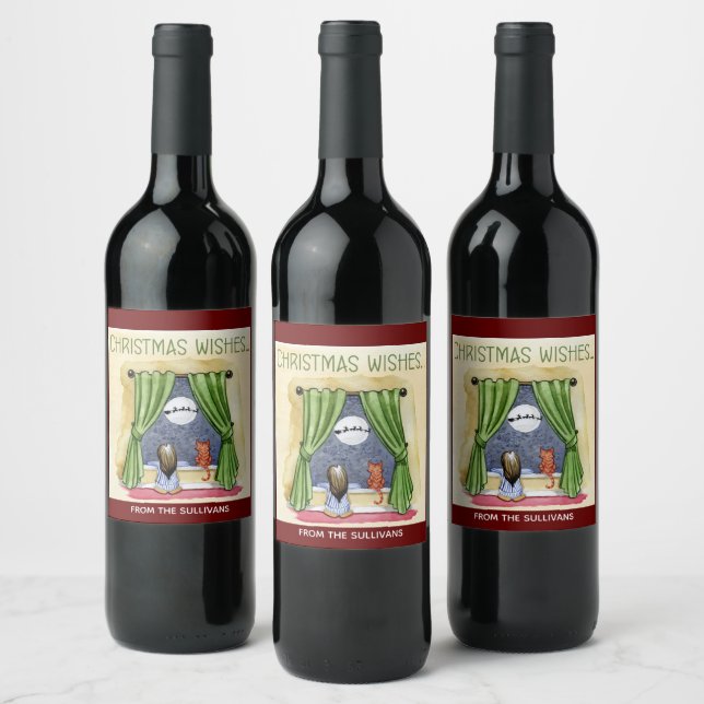 Christmas Wishes Cute Child & Kitty Cat Xmas Wine Label (Bottles)