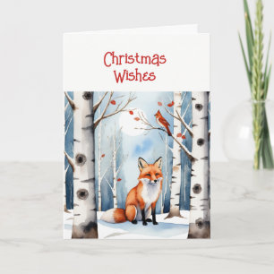 Christmas Wishes Cute Fox Cardinal Bird Winter Holiday Card
