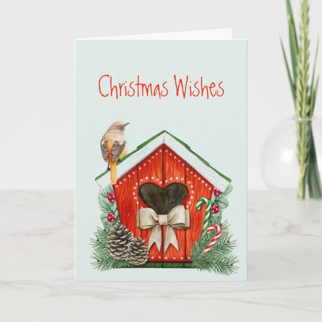 Christmas Wishes Cute Garden Bird Birdhouse Holiday Card (Front)