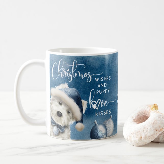 Christmas Wishes, Dog Lover Christmas Gift, Blue Coffee Mug (With Donut)