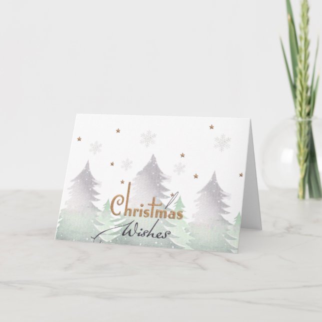 Christmas Wishes Evergreen Tree Star Snowflake  Holiday Card (Front)