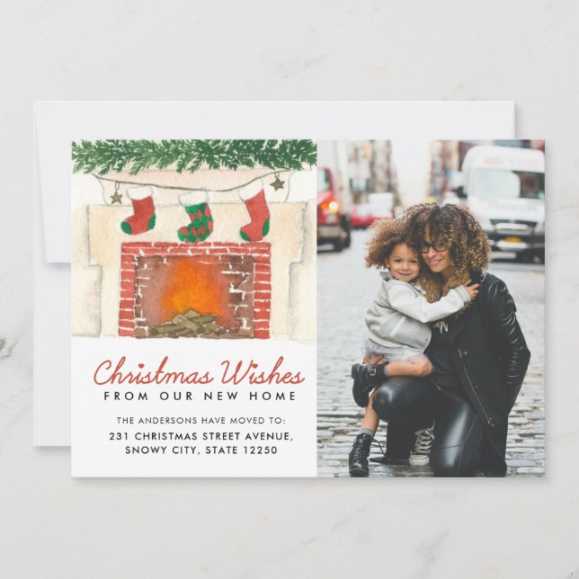 Christmas Wishes Fireplace Photo Holiday Moving Announcement (Front)