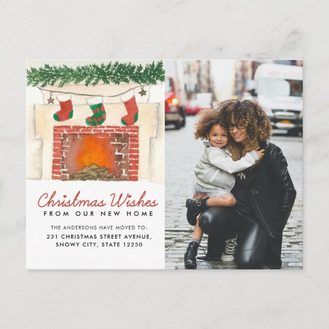 Christmas Wishes Fireplace Photo Holiday Moving Announcement Postcard (Front)