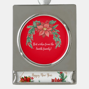 CHRISTMAS WISHES GOLDEN FRAME POINSETTIAS  SILVER PLATED BANNER ORNAMENT