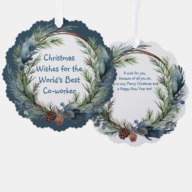 Christmas Wishes Greenery Wreath Co-worker Tree Decoration Card (Front/Back)