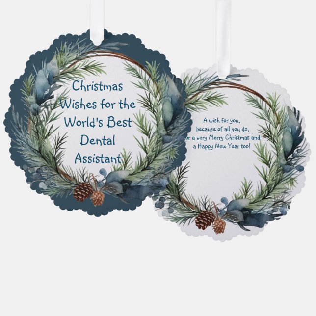 Christmas Wishes Greenery Wreath Dental Assistant Tree Decoration Card (Front/Back)