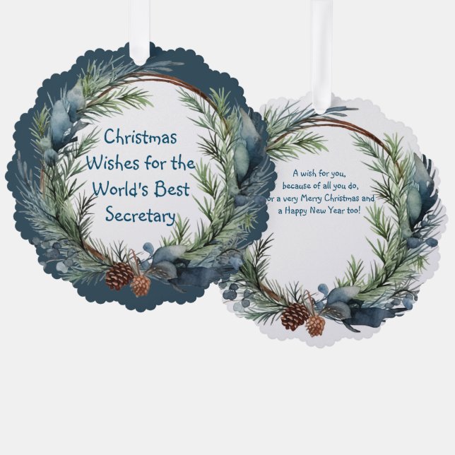 Christmas Wishes Greenery Wreath Secretary Tree Decoration Card (Front/Back)