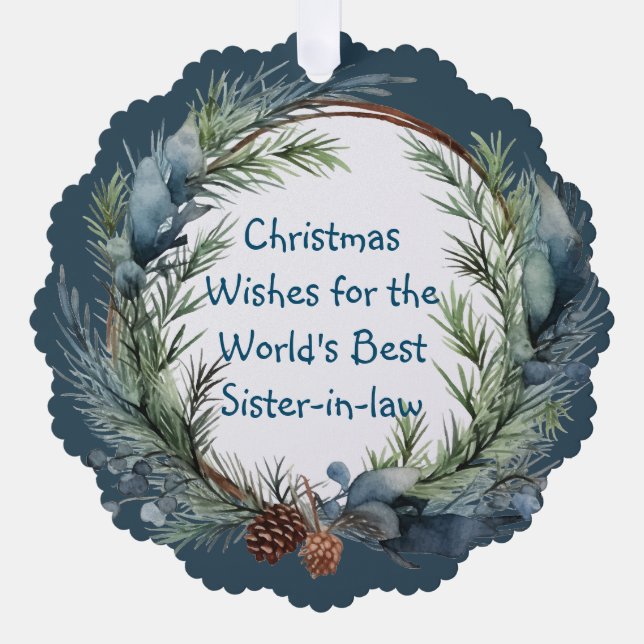 Christmas Wishes Greenery Wreath Sister-in-law Tree Decoration Card (Front)