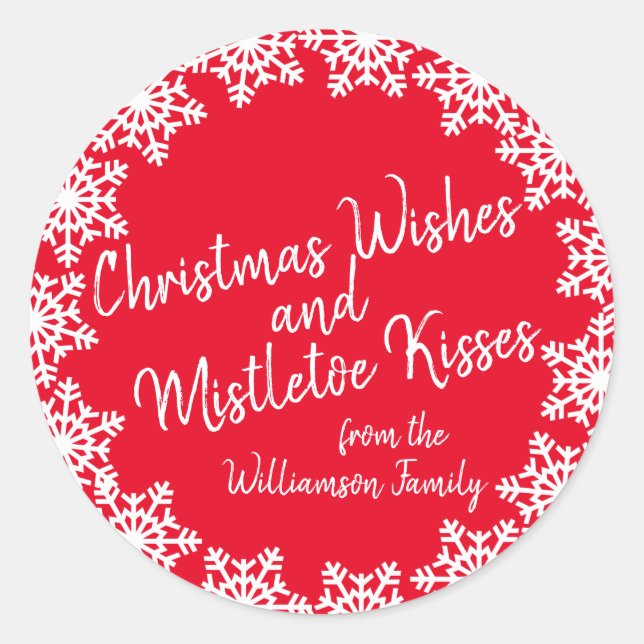 Christmas Wishes & Kisses Family Red White Script Classic Round Sticker (Front)