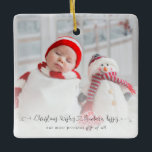 Christmas Wishes Newborn Kisses Baby Photo Stats Ceramic Ornament<br><div class="desc">Celebrate your new baby born during the holiday season to display on your tree and a keepsake in years to come. A whimsical set typography with heart and swashes for Chistmas Wishes Newborn Kisses is overlaid onto your photo, and easily personalise the rest of the text on both sides, which...</div>