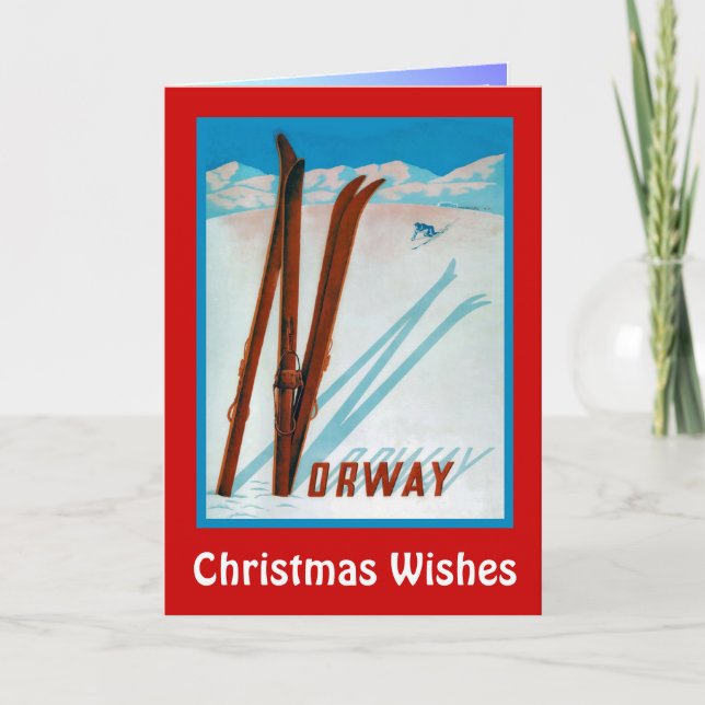 Christmas Wishes,Norway, skis Holiday Card (Front)