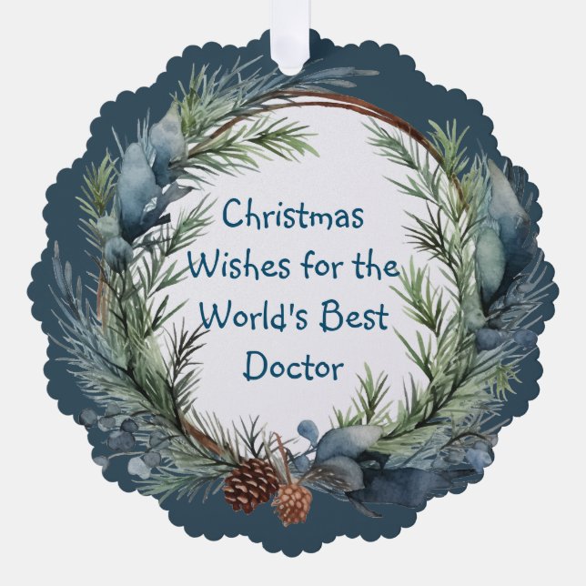 Christmas Wishes Pine Greenery Wreath for Doctor Tree Decoration Card (Front)