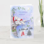 Christmas Wishes, Romantic Bear Couple on Tree Card<br><div class="desc">Cute bear couple cuddling and holding a Christmas present on tree watching moon and two socks hanging,  Christmas wishes</div>