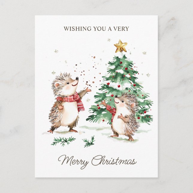 Christmas Wishes Tree Hedgehog Postcard (Front)