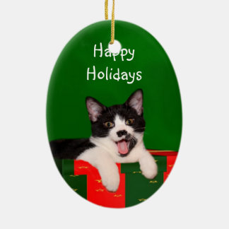 Christmas wishes tuxedo cat ceramic tree decoration