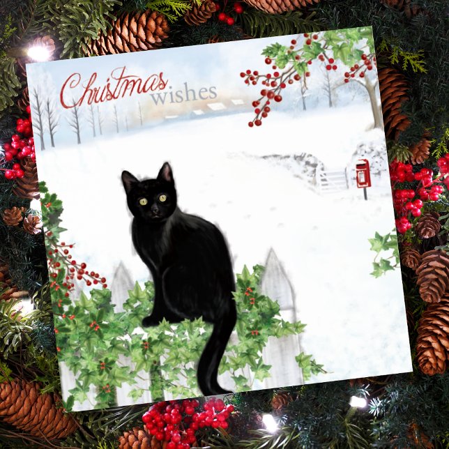 Christmas Wishes Vintage Black Cat Winter Scene Holiday Card (Creator Uploaded)