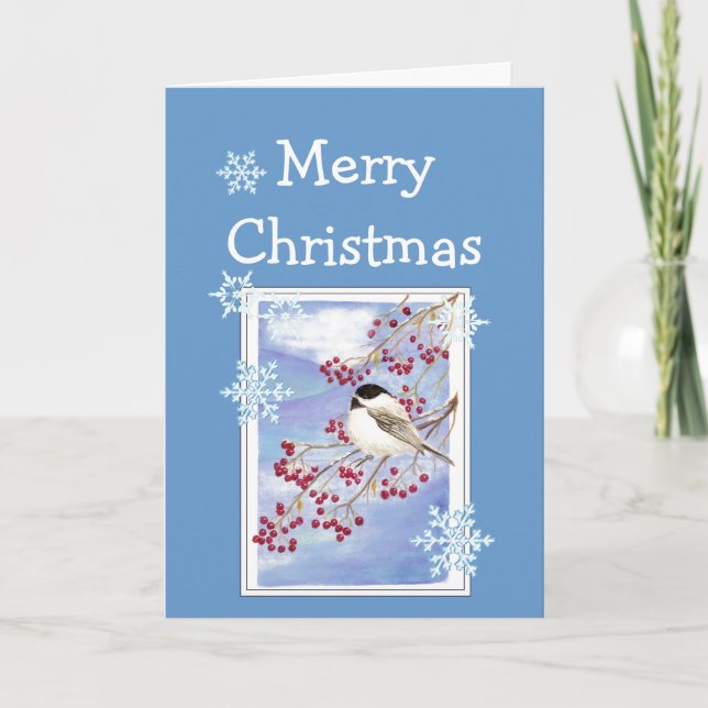 Christmas Wishes Watercolor Chickadee and Berries Holiday Card (Front)