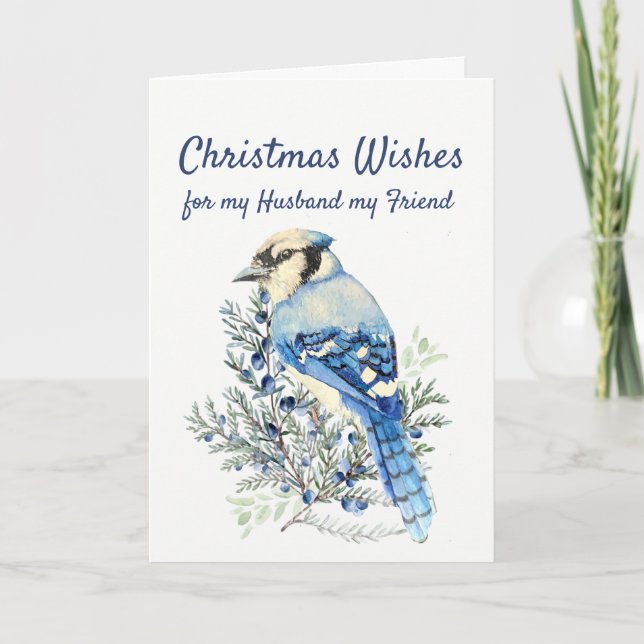 Christmas Wishes Winter Bluejay Husband Friend Holiday Card (Front)