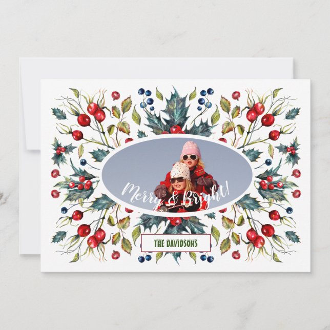 Christmas Wishes Winter Holy Berries Wreath Photo Holiday Card (Front)