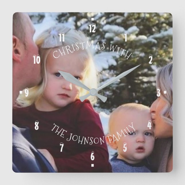 Christmas With Any Name Photo Family Festive Square Wall Clock (Front)