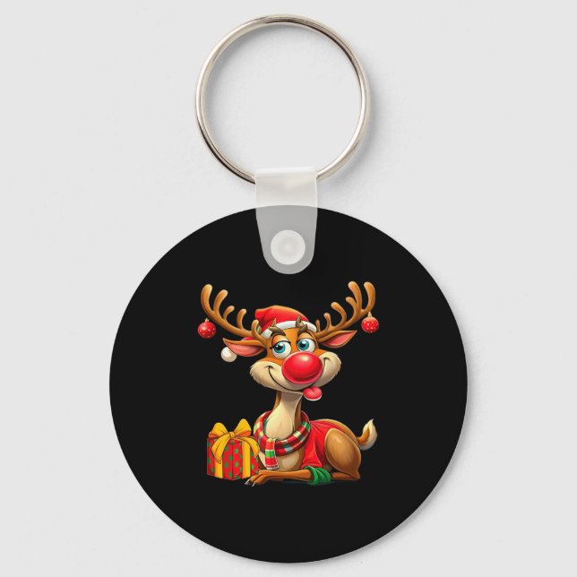Christmas With Cute Reindeer Funny Gift Xmas Long  Key Ring (Front)