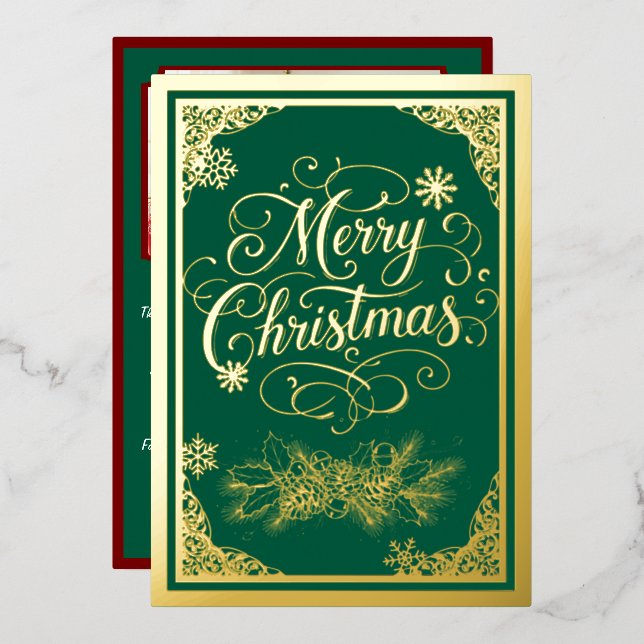 Christmas with filigree boarders and photo inside foil holiday card (Front/Back)