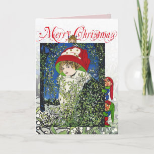 Christmas with mistletoe and elves holiday card