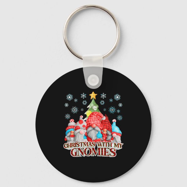 Christmas With My Gnomies Plaid Gnome Group Pajama Key Ring (Front)