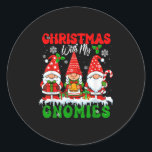 Christmas With My Gnomies Xmas Three Santa Gnomes  Classic Round Sticker<br><div class="desc">Christmas With My Gnomies Xmas Three Santa Gnomes Snow</div>