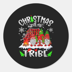 Christmas With My Tribe Red Plaid Cute Gnomes Fami Classic Round Sticker