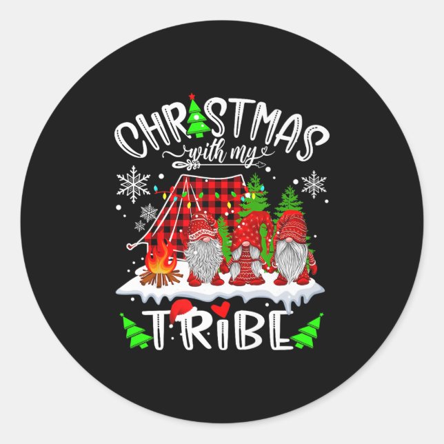 Christmas With My Tribe Red Plaid Cute Gnomes Fami Classic Round Sticker (Front)