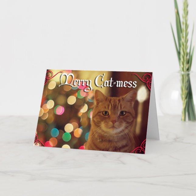 Christmas with our pets Merry Cat-mess Holiday Card (Front)