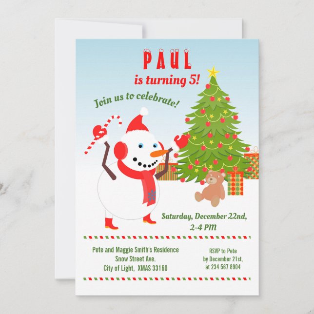 Christmas with Snowman Birthday Party  Invitation (Front)