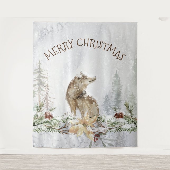 Christmas wolf in snowy woods merry Christmas Tapestry (Front)