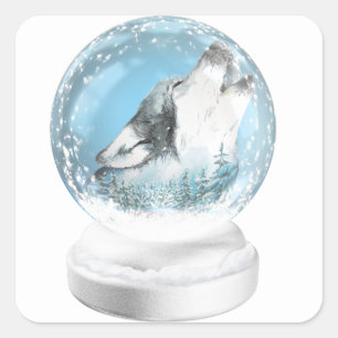 Christmas Wolf In Winter Snow Globe Square Sticker