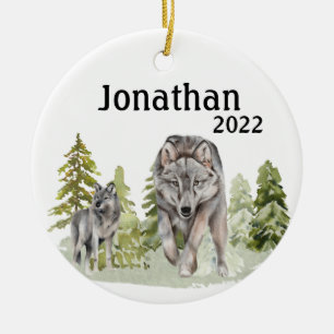 Christmas Wolf Lover Watercolor Monogram Ceramic Tree Decoration