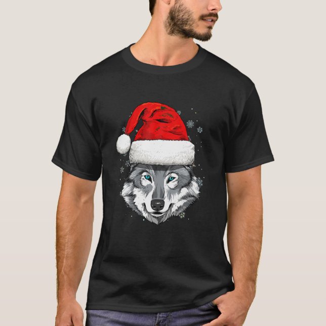 Christmas Wolf Santa Clause Navidad Xmas Holiday W T-Shirt (Front)