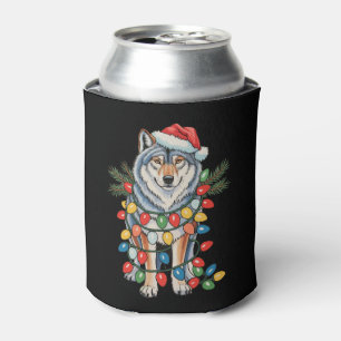 Christmas Wolf Santa Hat Xmas Lights Animal Lovers Can Cooler