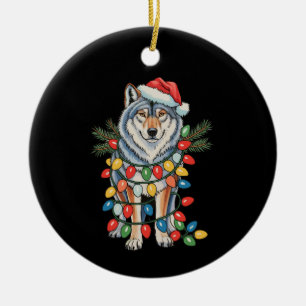 Christmas Wolf Santa Hat Xmas Lights Animal Lovers Ceramic Tree Decoration