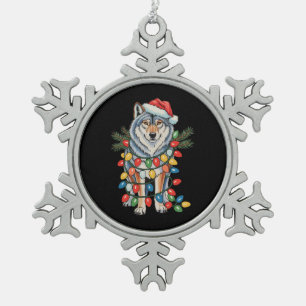 Christmas Wolf Santa Hat Xmas Lights Animal Lovers Snowflake Pewter Christmas Ornament