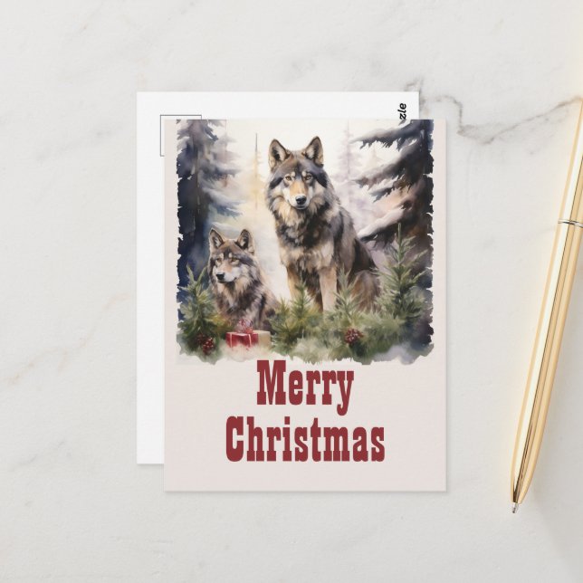 Christmas Wolf Watercolor Postcard (Front/Back In Situ)