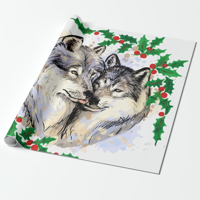 Christmas Wolves Wrapping Paper (Unrolled)
