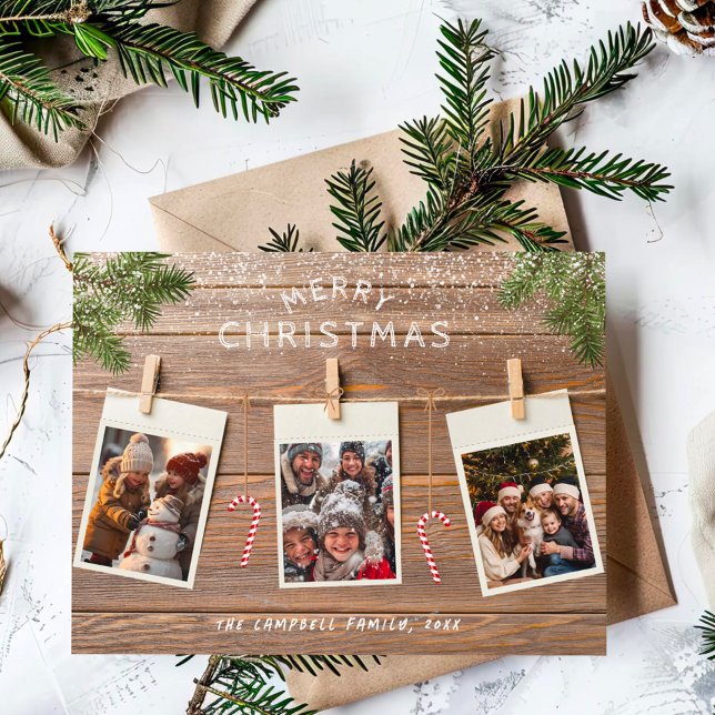 Christmas Wood Rustic Rope Photo Collage Holiday Postcard (Creator Uploaded)